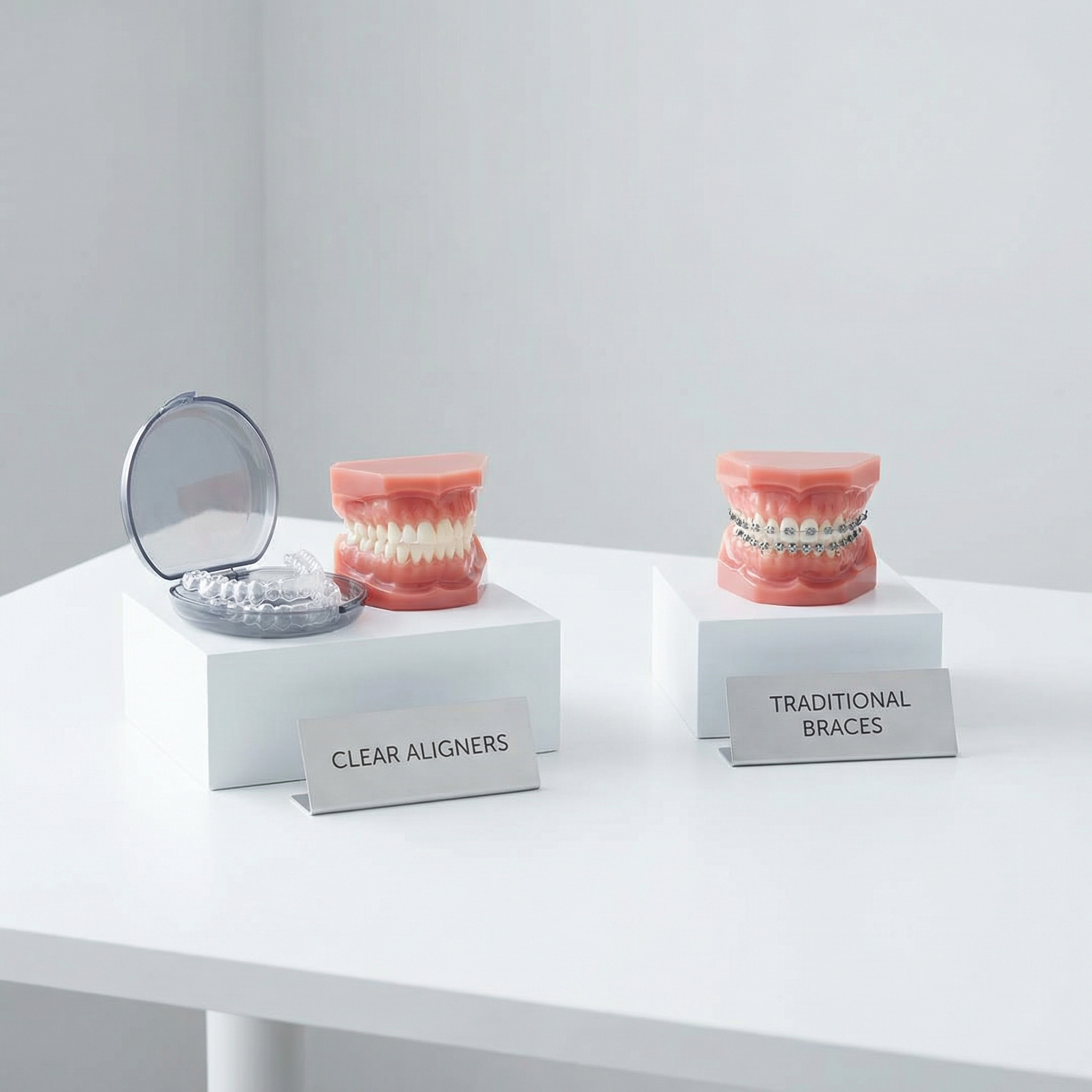 Comparison showing clear aligners next to traditional metal braces