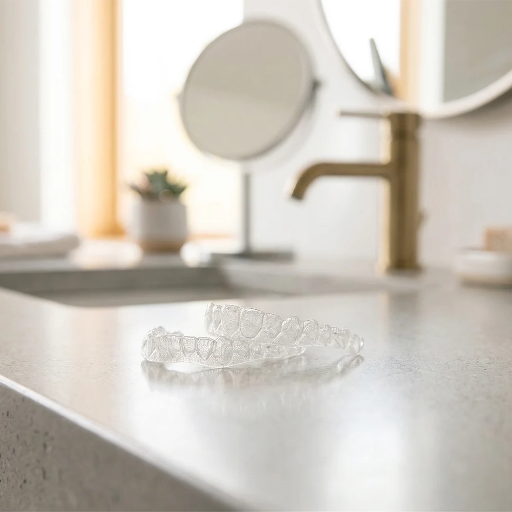 Step-by-step visual showing clear aligner treatment process from consultation to completion